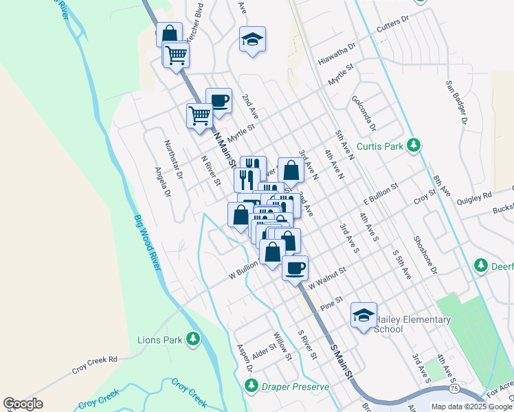 map of restaurants, bars, coffee shops, grocery stores, and more near 25 Carbonate Street in Hailey