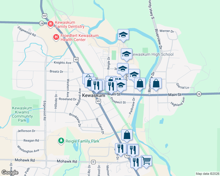 map of restaurants, bars, coffee shops, grocery stores, and more near 143 Main Street in Kewaskum