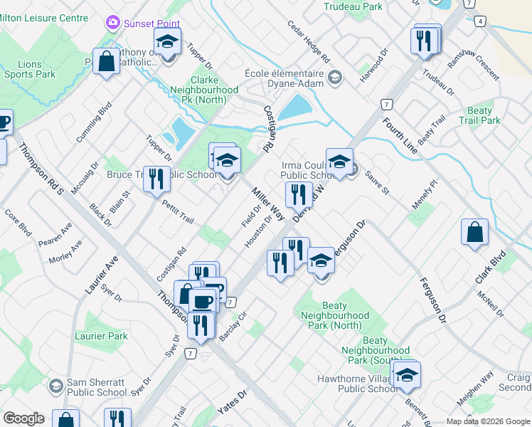 map of restaurants, bars, coffee shops, grocery stores, and more near 1225 Houston Drive in Milton