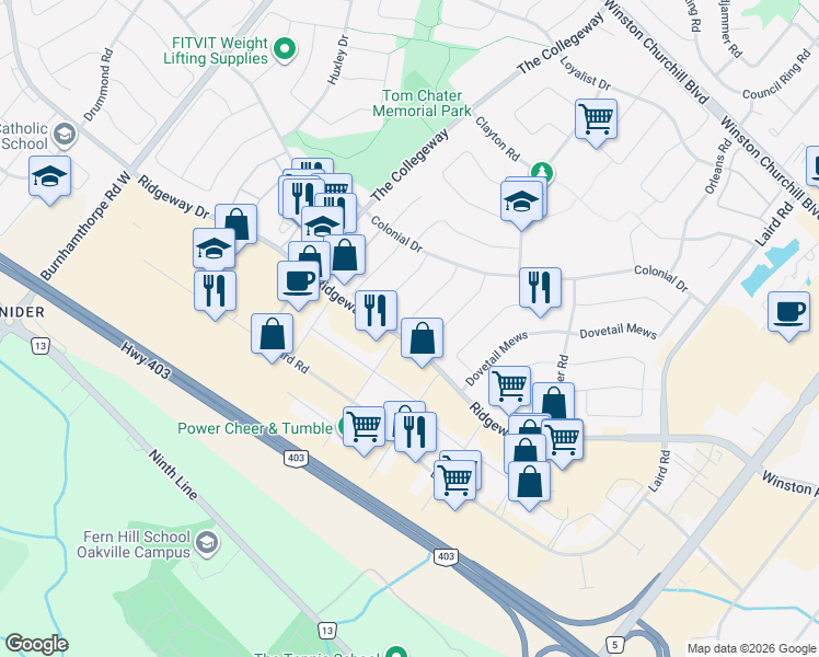 map of restaurants, bars, coffee shops, grocery stores, and more near 3503 Cherrington Crescent in Mississauga
