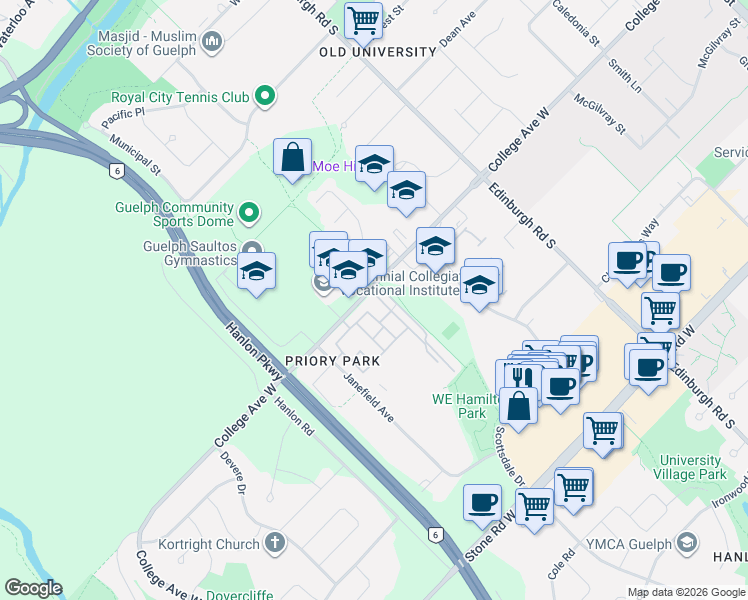 map of restaurants, bars, coffee shops, grocery stores, and more near 302 College Avenue West in Guelph