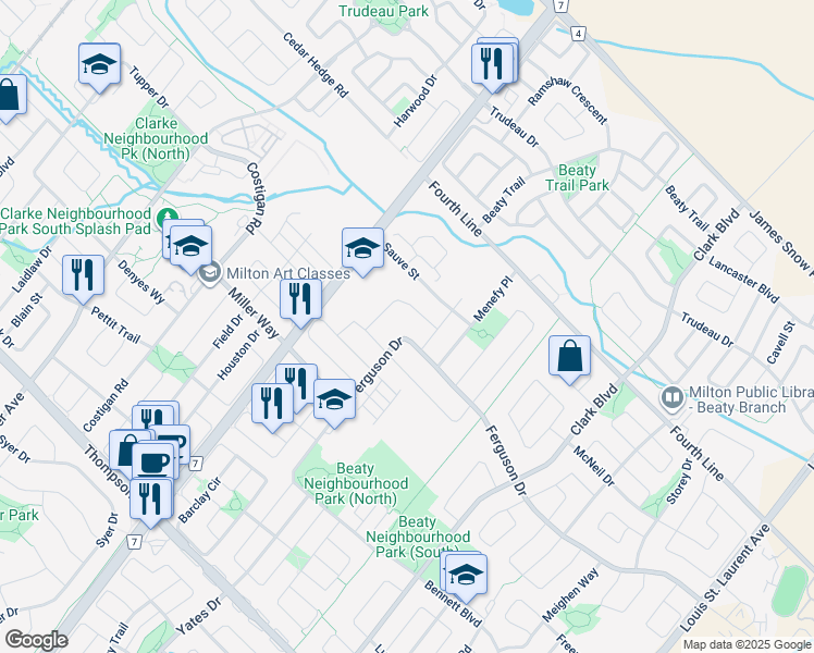 map of restaurants, bars, coffee shops, grocery stores, and more near 693 Ferguson Drive in Milton