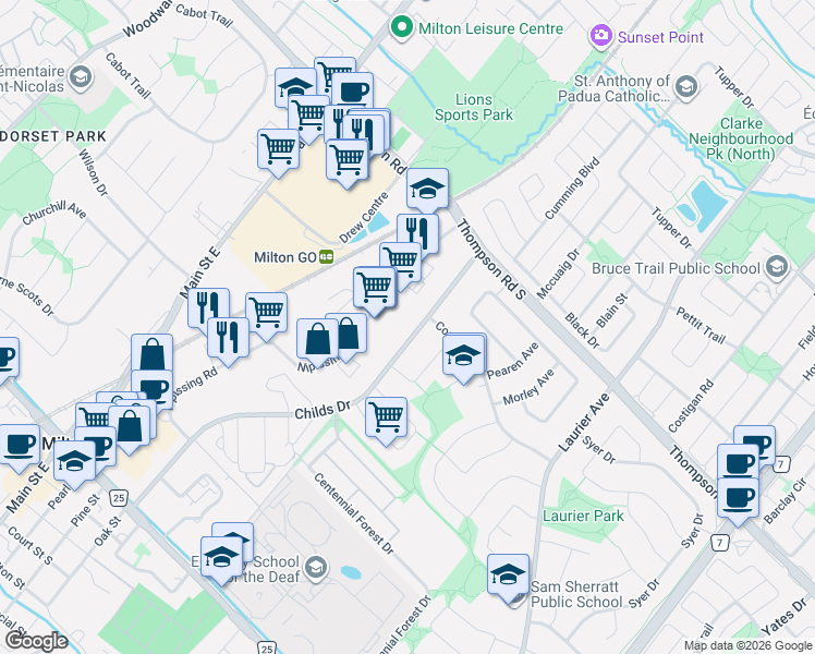map of restaurants, bars, coffee shops, grocery stores, and more near 819 Childs Drive in Milton