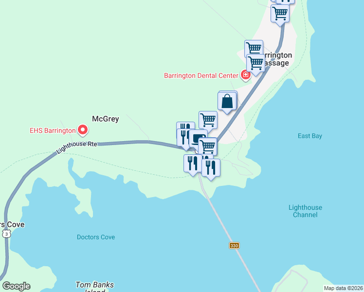 map of restaurants, bars, coffee shops, grocery stores, and more near in Barrington Passage