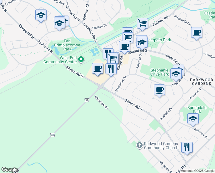 map of restaurants, bars, coffee shops, grocery stores, and more near 1042 Paisley Road in Guelph