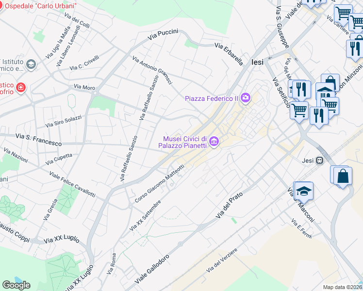 map of restaurants, bars, coffee shops, grocery stores, and more near 68 Viale della Vittoria in Jesi