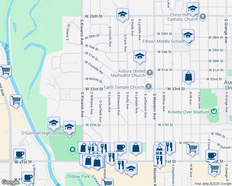 map of restaurants, bars, coffee shops, grocery stores, and more near 2600-2798 S Elmwood Ave in Sioux Falls