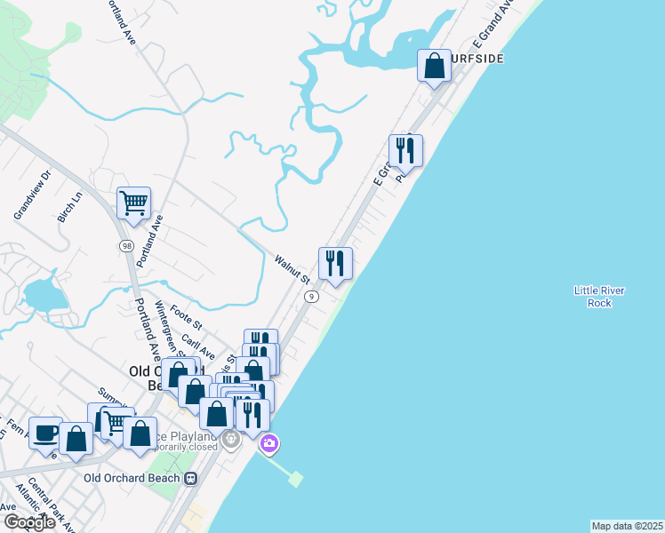 map of restaurants, bars, coffee shops, grocery stores, and more near 6 Walnut Street in Old Orchard Beach