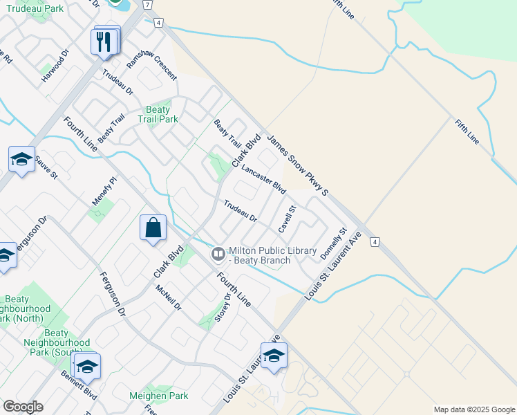 map of restaurants, bars, coffee shops, grocery stores, and more near 1576 Jarvie Crescent in Milton