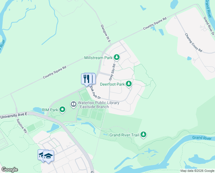 map of restaurants, bars, coffee shops, grocery stores, and more near 156 Oak Park Drive in Waterloo