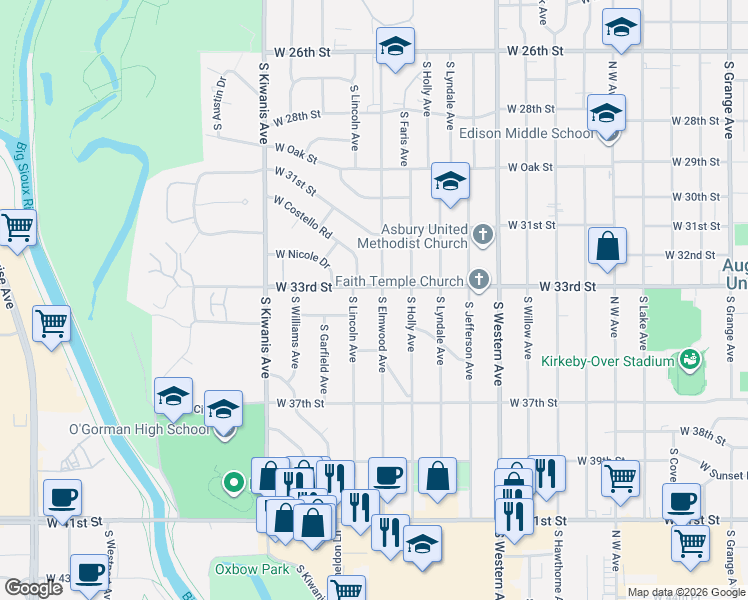 map of restaurants, bars, coffee shops, grocery stores, and more near 2600-2798 S Elmwood Ave in Sioux Falls