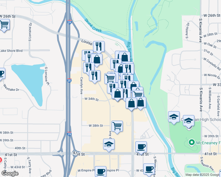 map of restaurants, bars, coffee shops, grocery stores, and more near 3810 West 34th Street in Sioux Falls