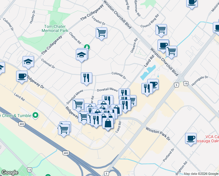 map of restaurants, bars, coffee shops, grocery stores, and more near 3211 Dovetail Mews in Mississauga
