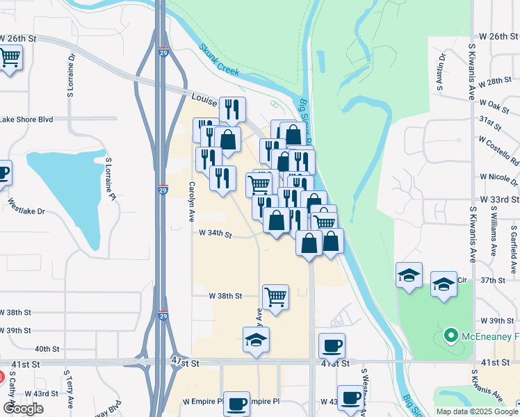 map of restaurants, bars, coffee shops, grocery stores, and more near 2601 South Louise Avenue in Sioux Falls