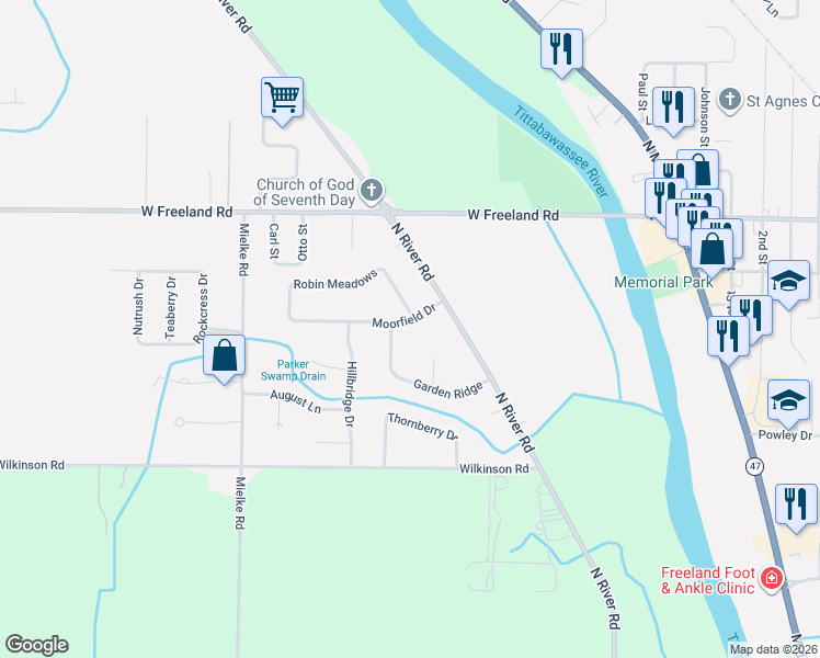 map of restaurants, bars, coffee shops, grocery stores, and more near 7836 Robin Meadows in Freeland