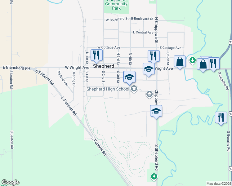 map of restaurants, bars, coffee shops, grocery stores, and more near 200-298 W Hall St in Shepherd