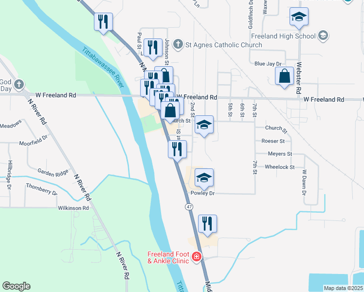 map of restaurants, bars, coffee shops, grocery stores, and more near 245 Roeser Street in Freeland