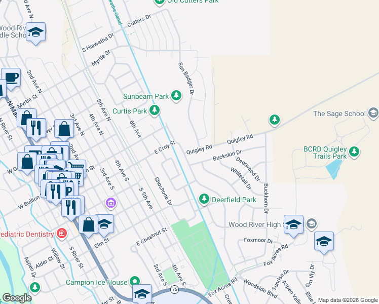 map of restaurants, bars, coffee shops, grocery stores, and more near 800 National Forest Development Road 115 in Hailey