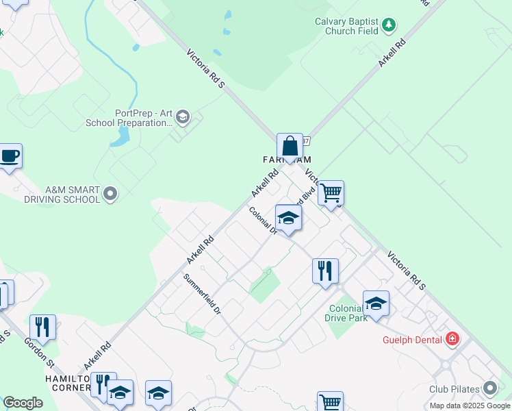 map of restaurants, bars, coffee shops, grocery stores, and more near 2 Colonial Drive in Guelph