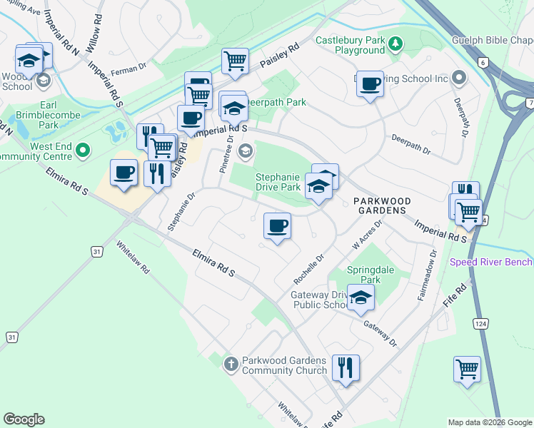 map of restaurants, bars, coffee shops, grocery stores, and more near 311 Stephanie Drive in Guelph