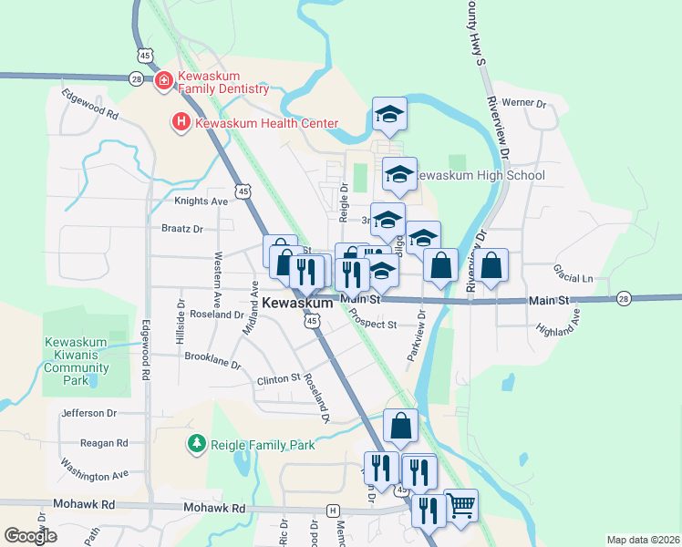 map of restaurants, bars, coffee shops, grocery stores, and more near 206 1st Street in Kewaskum