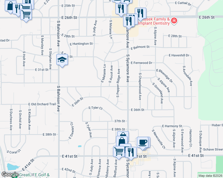 map of restaurants, bars, coffee shops, grocery stores, and more near 2704 South Ascot Avenue in Sioux Falls