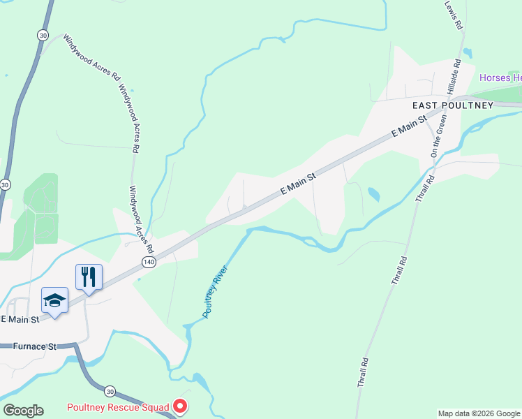 map of restaurants, bars, coffee shops, grocery stores, and more near 947 East Main Street in Poultney