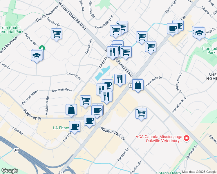 map of restaurants, bars, coffee shops, grocery stores, and more near 3105 Dundas Street West in Mississauga