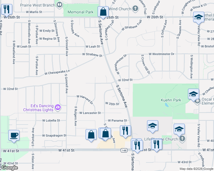 map of restaurants, bars, coffee shops, grocery stores, and more near 2312 South Potomac Circle in Sioux Falls