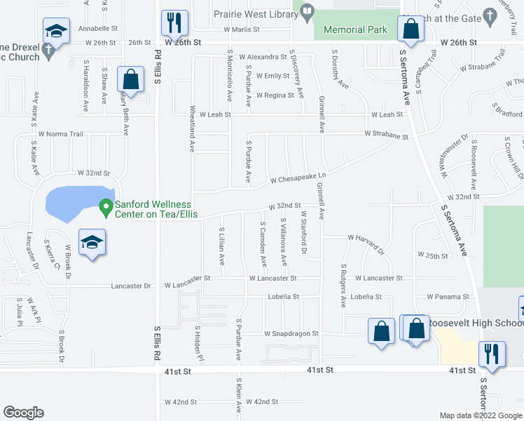 map of restaurants, bars, coffee shops, grocery stores, and more near South Camden Avenue in Sioux Falls