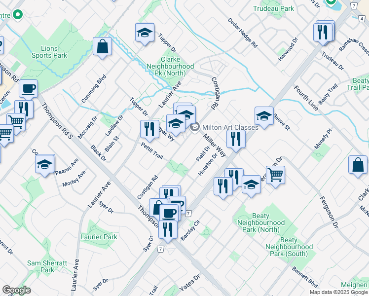 map of restaurants, bars, coffee shops, grocery stores, and more near 1170 Costigan Road in Milton