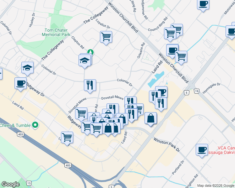 map of restaurants, bars, coffee shops, grocery stores, and more near 3211 Dovetail Mews in Mississauga