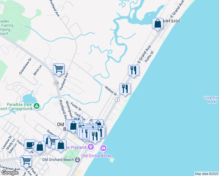 map of restaurants, bars, coffee shops, grocery stores, and more near 42 Walnut Street in Old Orchard Beach