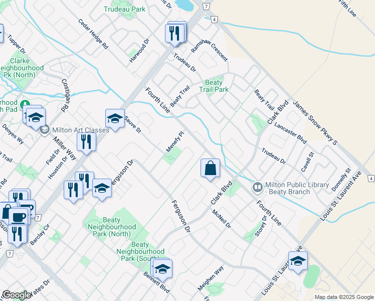 map of restaurants, bars, coffee shops, grocery stores, and more near 754 Fourth Line in Milton