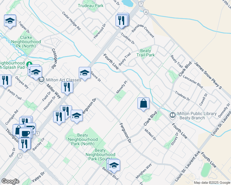 map of restaurants, bars, coffee shops, grocery stores, and more near in Milton