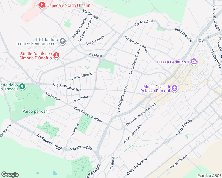 map of restaurants, bars, coffee shops, grocery stores, and more near 5 Via Antonino Sarti in Jesi