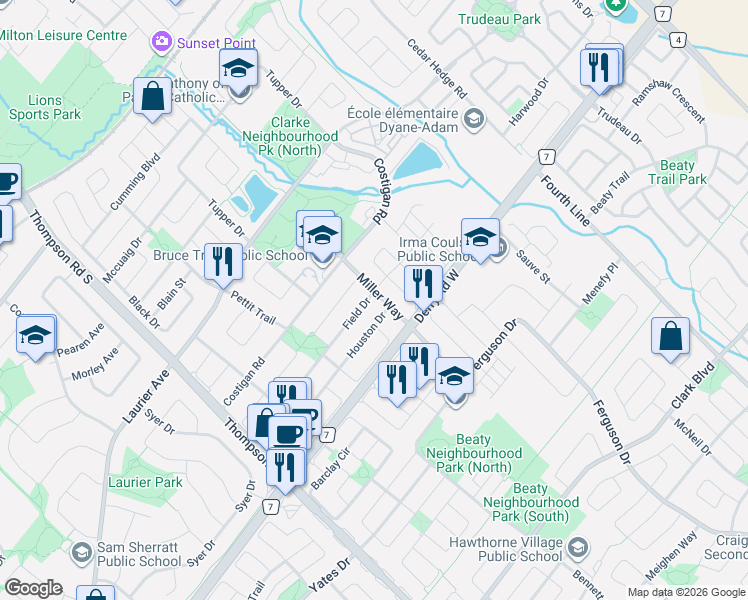 map of restaurants, bars, coffee shops, grocery stores, and more near 1244 Field Drive in Milton