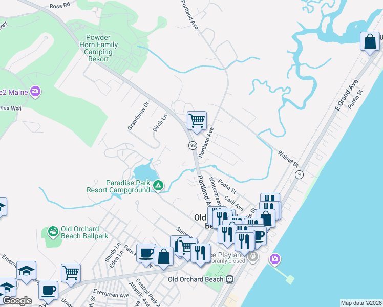 map of restaurants, bars, coffee shops, grocery stores, and more near 3 Seaglass Terrace in Old Orchard Beach
