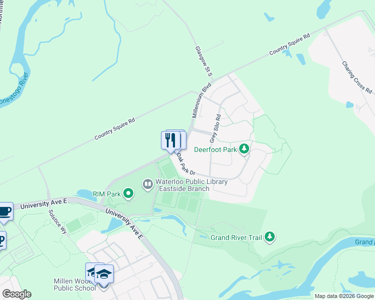 map of restaurants, bars, coffee shops, grocery stores, and more near 2-105 Oak Park Drive in Waterloo