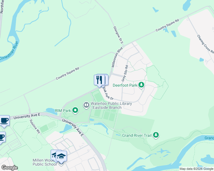 map of restaurants, bars, coffee shops, grocery stores, and more near 2-105 Oak Park Drive in Waterloo