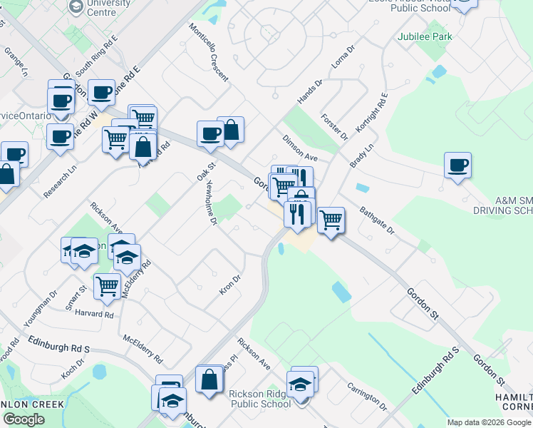 map of restaurants, bars, coffee shops, grocery stores, and more near 941 Gordon Street in Guelph