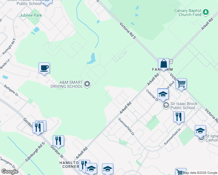 map of restaurants, bars, coffee shops, grocery stores, and more near 220 Arkell Road in Guelph