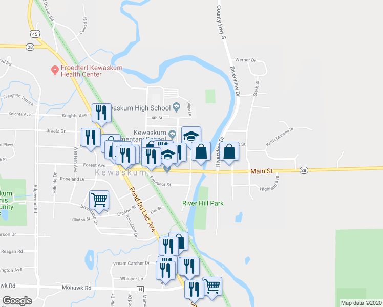 map of restaurants, bars, coffee shops, grocery stores, and more near 1420 Parkview Drive in Kewaskum