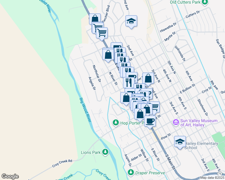 map of restaurants, bars, coffee shops, grocery stores, and more near 415 North River Street in Hailey