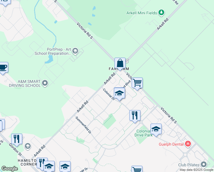 map of restaurants, bars, coffee shops, grocery stores, and more near 361 Arkell Road in Guelph