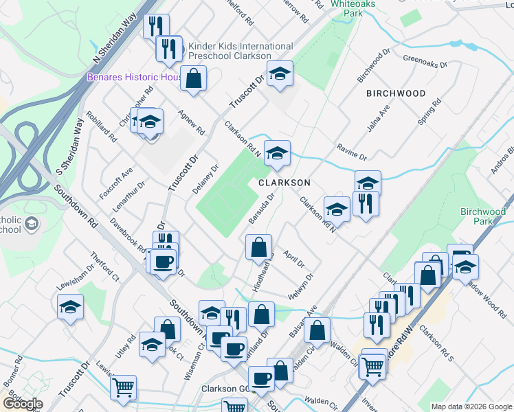 map of restaurants, bars, coffee shops, grocery stores, and more near 1829 Barsuda Drive in Mississauga