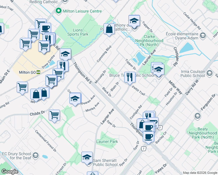 map of restaurants, bars, coffee shops, grocery stores, and more near 1022 Laidlaw Drive in Milton