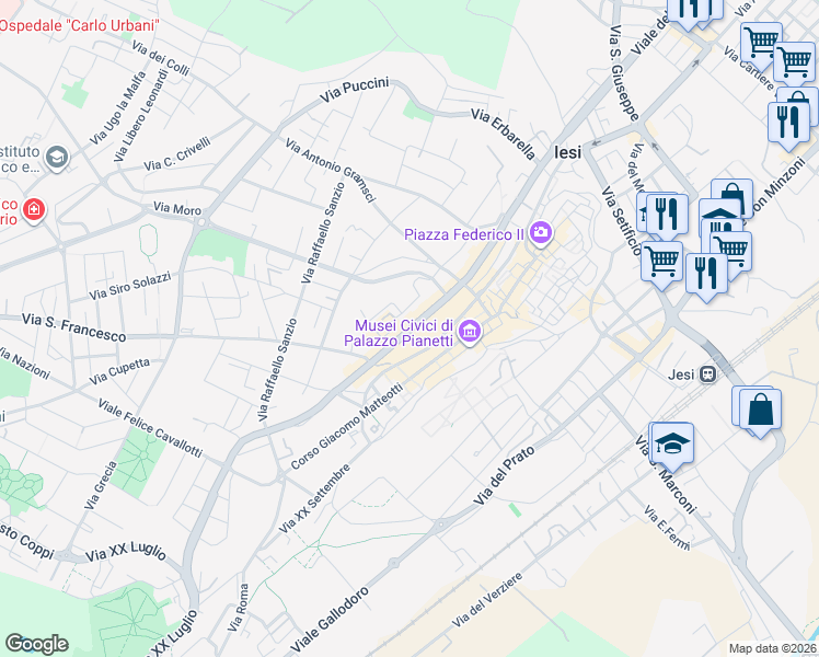 map of restaurants, bars, coffee shops, grocery stores, and more near 85 Viale della Vittoria in Jesi