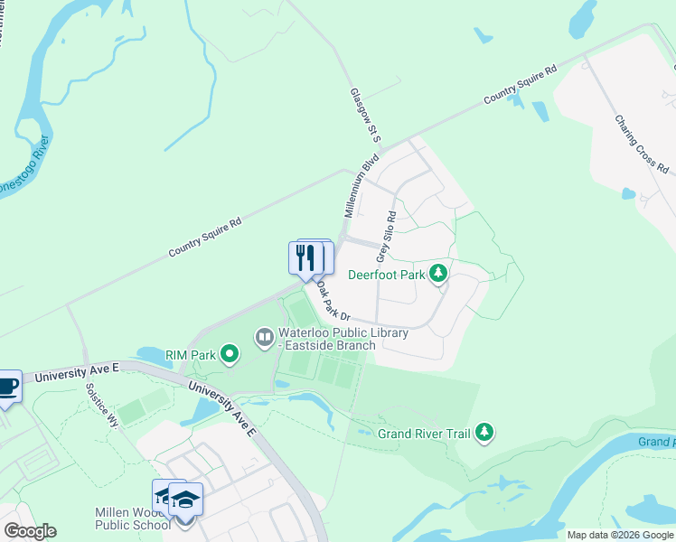 map of restaurants, bars, coffee shops, grocery stores, and more near 2-105 Oak Park Drive in Waterloo