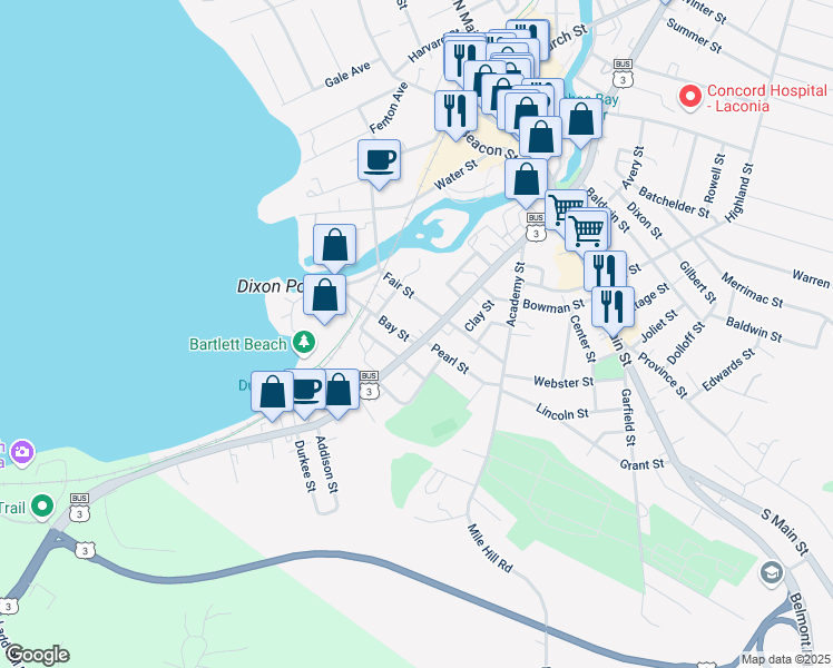 map of restaurants, bars, coffee shops, grocery stores, and more near 193 Court Street in Laconia